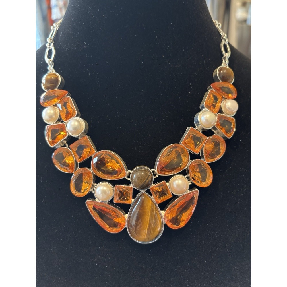 Tigers Eye, Citrine And Pearl Handmade Statement Necklace